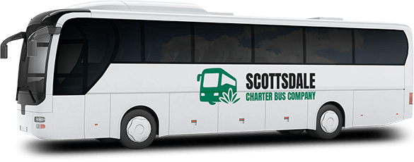 a plain white charter bus with a scottsdale charter bus company logo on it