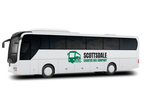 a plain white charter bus with a Scottsdale Charter Bus Company logo